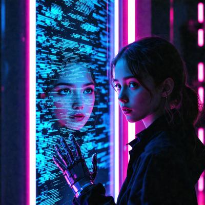 The primary subject of the image is a young woman wearing a black shirt and holding her hands up to a pink and blue screen. The setting appears to be a futuristic environment, possibly a video game or a digital art piece. The visual style is a combination of photo and digital art, creating a unique and intriguing atmosphere. The colors and mood of the image are predominantly pink and blue, giving it a vibrant and lively feel.